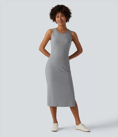 Round Neck Sleeveless Bodycon Stripe Midi Casual Dress