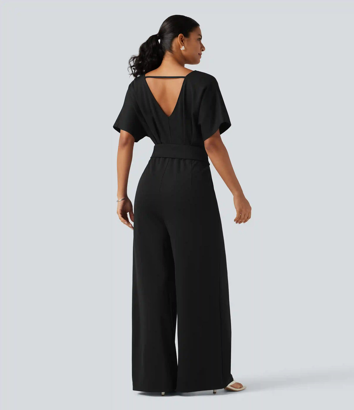 V Neck Short Sleeve Ruched Wide Leg Casual Jumpsuit with Pockets -Easy Peezy Edition