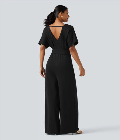 V Neck Short Sleeve Ruched Wide Leg Casual Jumpsuit with Pockets -Easy Peezy Edition