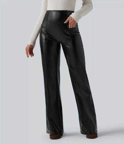 High Waisted Tummy Control Stretchy PU Fleece Casual Flare Pants with Pockets