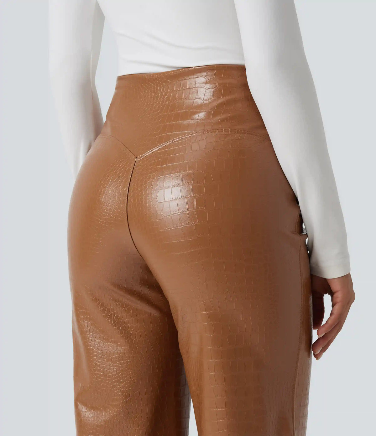 High Waisted Tummy Control Snakeskin Print Stretchy PU Fleece Flare Casual Pants with Pockets