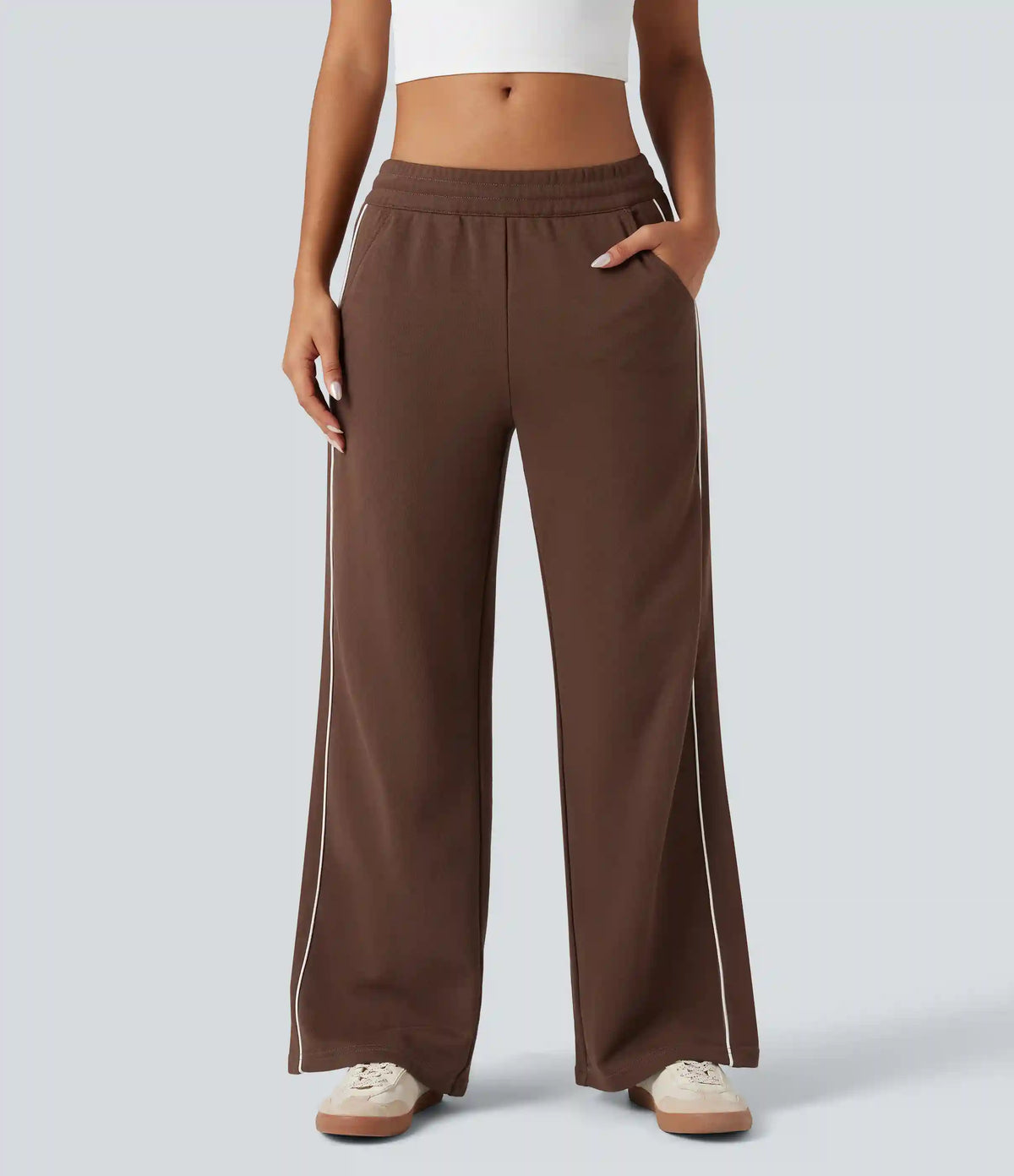 Mid Rise Drawstring Straight Leg Color Block Casual Cotton Pants with Pockets