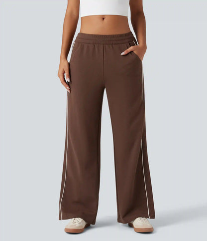 Mid Rise Drawstring Straight Leg Color Block Casual Cotton Pants with Pockets