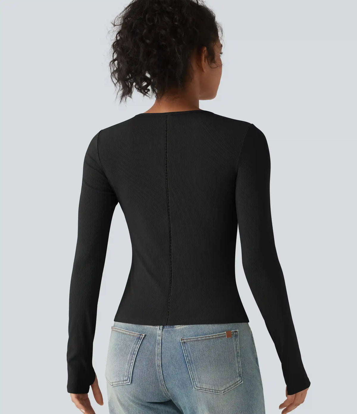 Ribbed Knit Round Neck Long Sleeve Thumb Holes Cut-out Casual T-Shirt