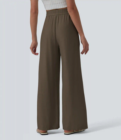 High Waisted Drawstring Wide Leg Casual Linen-Blend Pants with Pockets