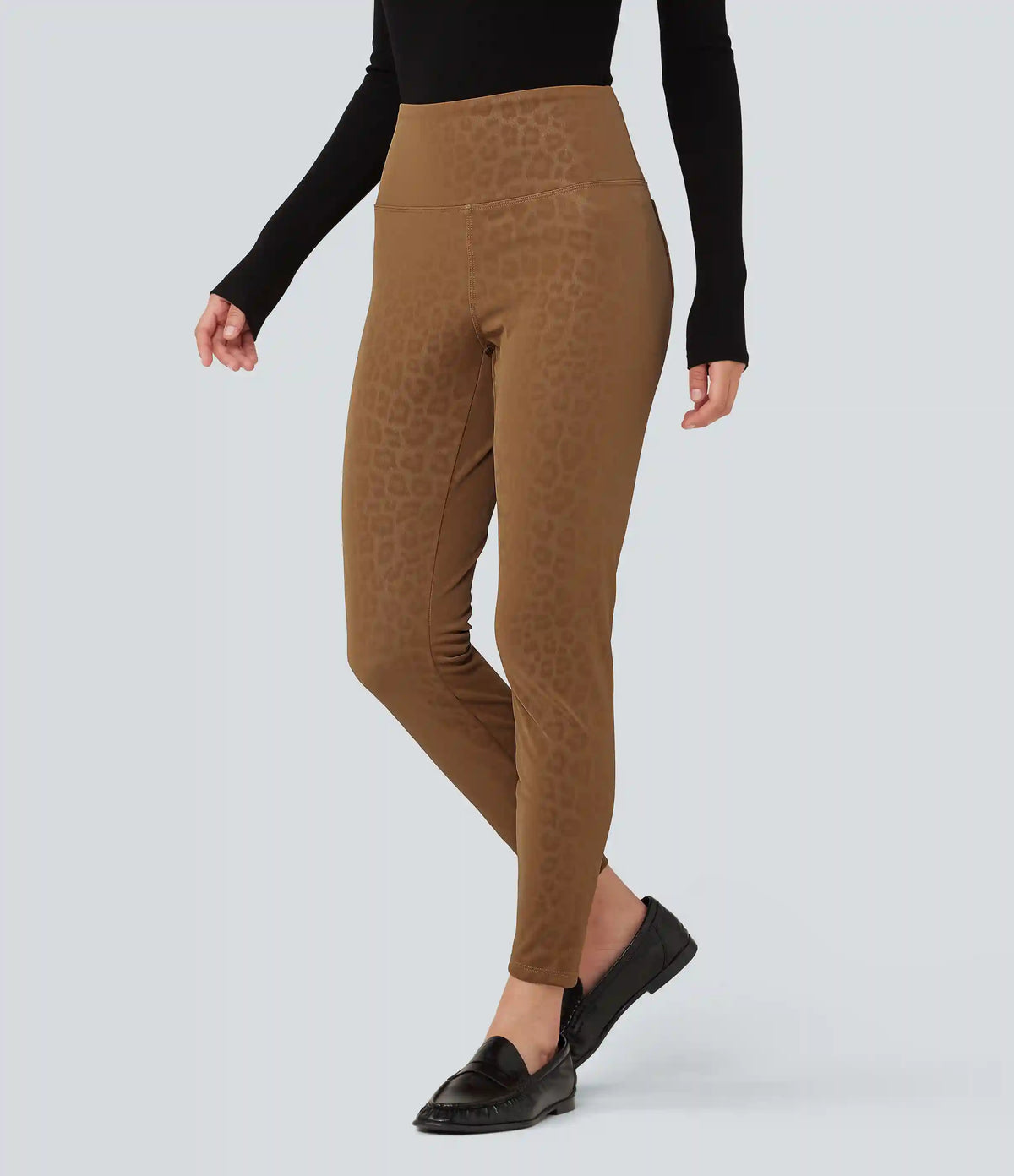 High Waisted Tummy Control Stretchy PU Leopard Print Fleece Casual Leggings with Pockets