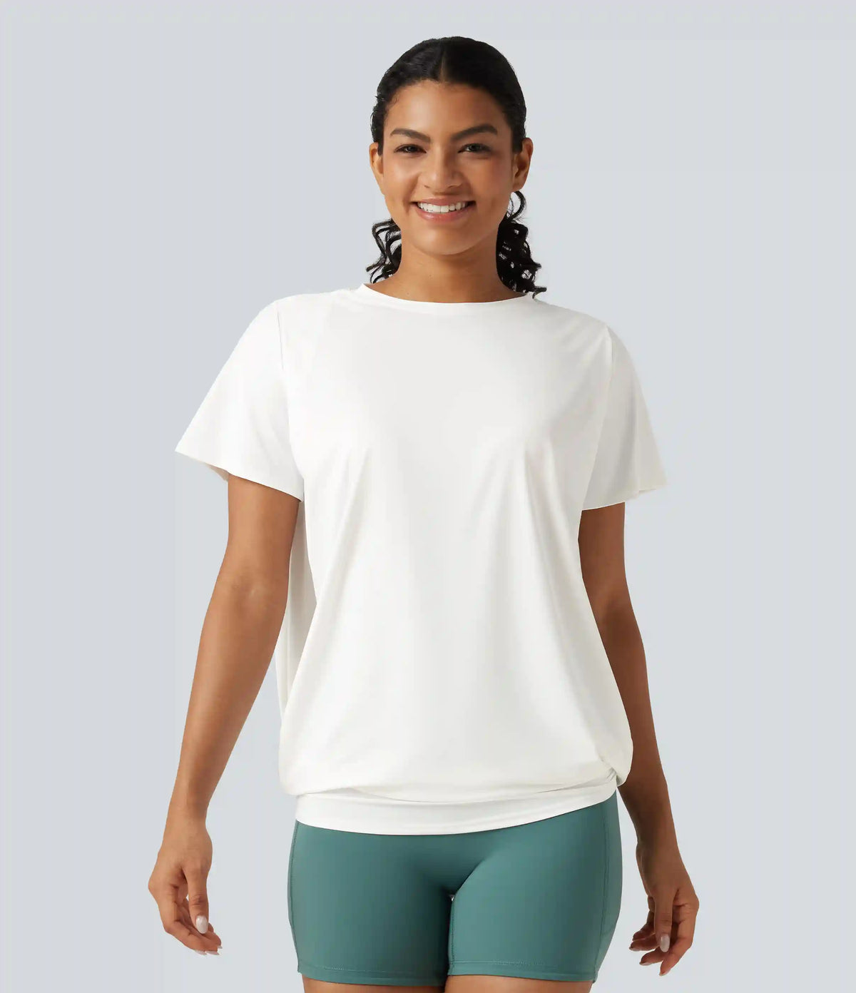 Round Neck Short Sleeve Ruched InstantCool Yoga Sports Top-Longer Length-UPF50+