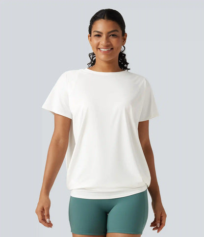 Round Neck Short Sleeve Ruched InstantCool Yoga Sports Top-Longer Length-UPF50+