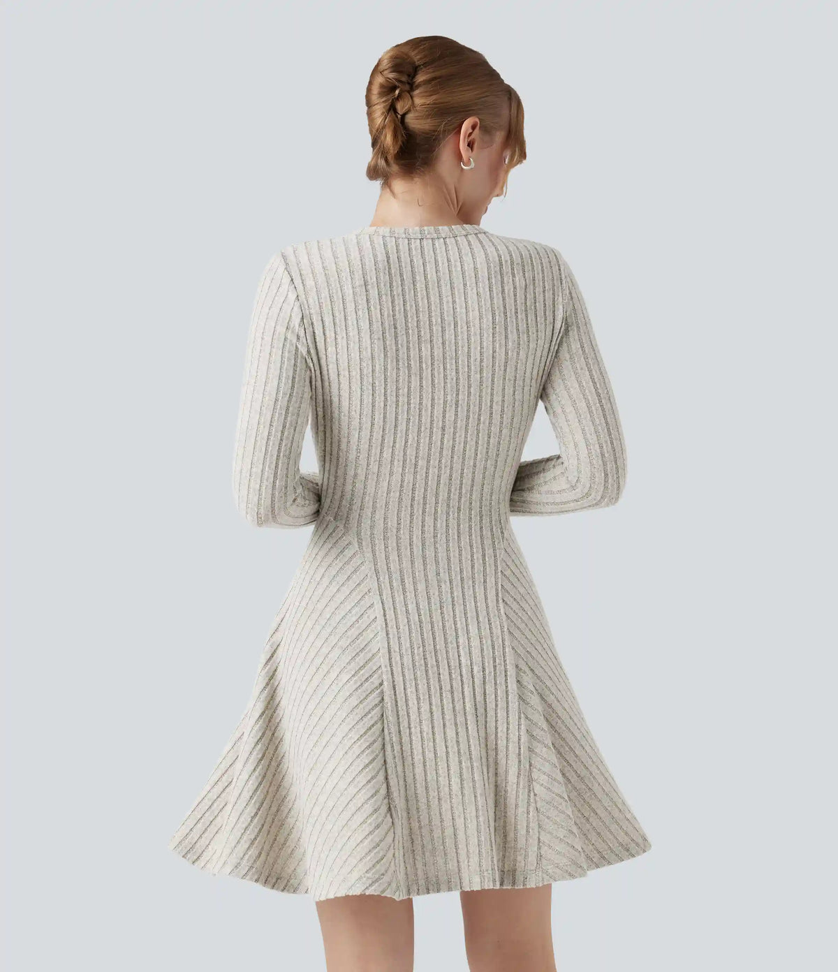 Ribbed Knit Round Neck Long Sleeve Flare Mini Casual Dress