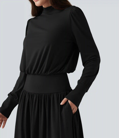 Mock Neck Long Sleeve Ruched Party Maxi Dress with Pockets