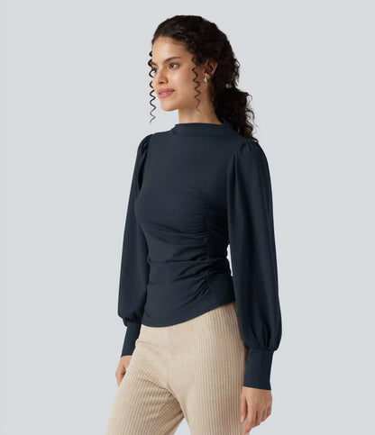 Mock Neck Long Sleeve Ruched Casual Top