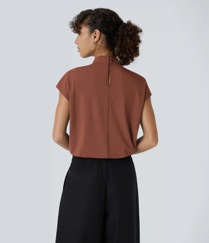 Stand Collar Back Cap Sleeve Work Blouse