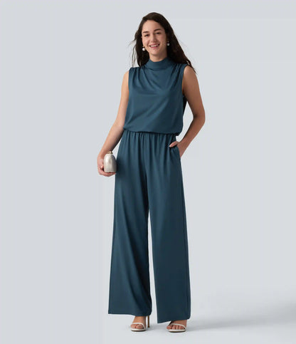 Stand Collar Sleeveless Straight Leg Bridesmaid And Wedding Guest Jumpsuit with Pockets-Easy Peezy