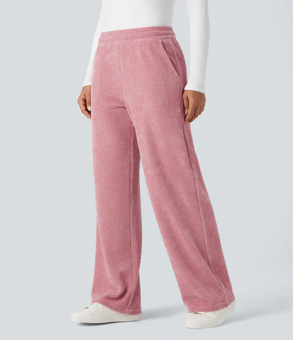 Mid Rise Chenille Waffle Casual Straight-leg Pants with Pockets