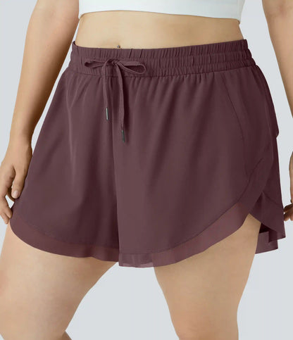 Drawstring Contrast Mesh 2-in-1 Plus Size Shorts 4"