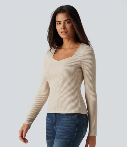 Ribbed Knit Square Neck Long Sleeve Casual Top
