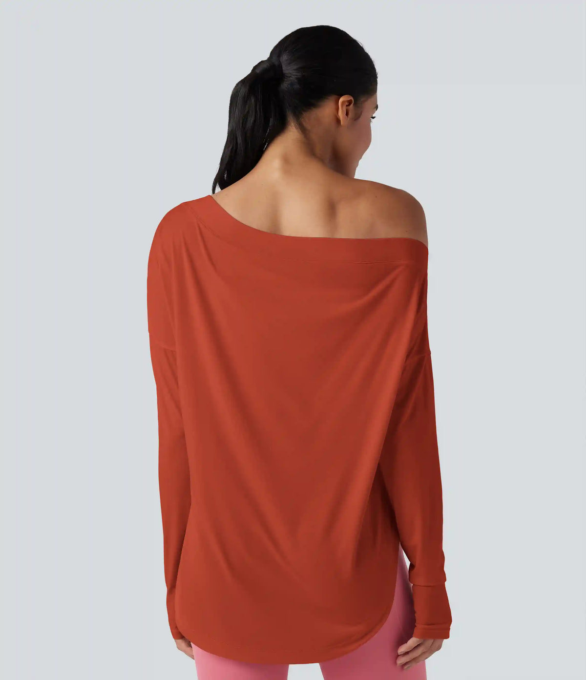 One Shoulder Long Sleeve Thumb Hole Curved Hem High Low Quick Dry Yoga Sports Top-Built-in Bra