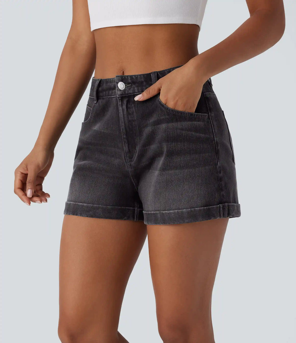 Halara Flex™ Mid Rise Zipper Pockets Denim Casual Shorts 3''