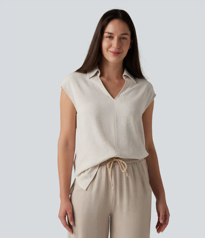 V-neck Sleeveless Split Hem Work Linen-Blend Blouse