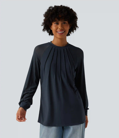 Round Neck Raglan Long Sleeve Contrast Mesh Casual Blouse
