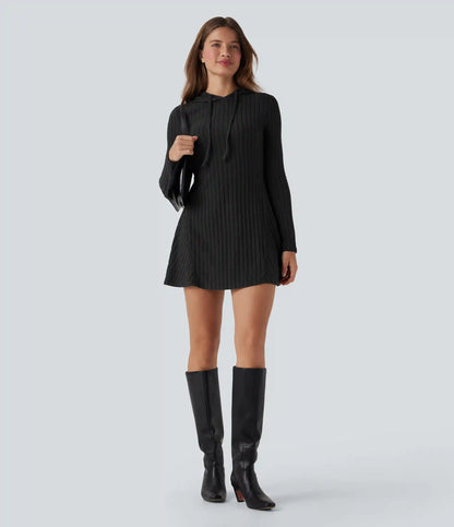 Ribbed Knit Hooded Drawstring Long Sleeve Mini Casual Dress