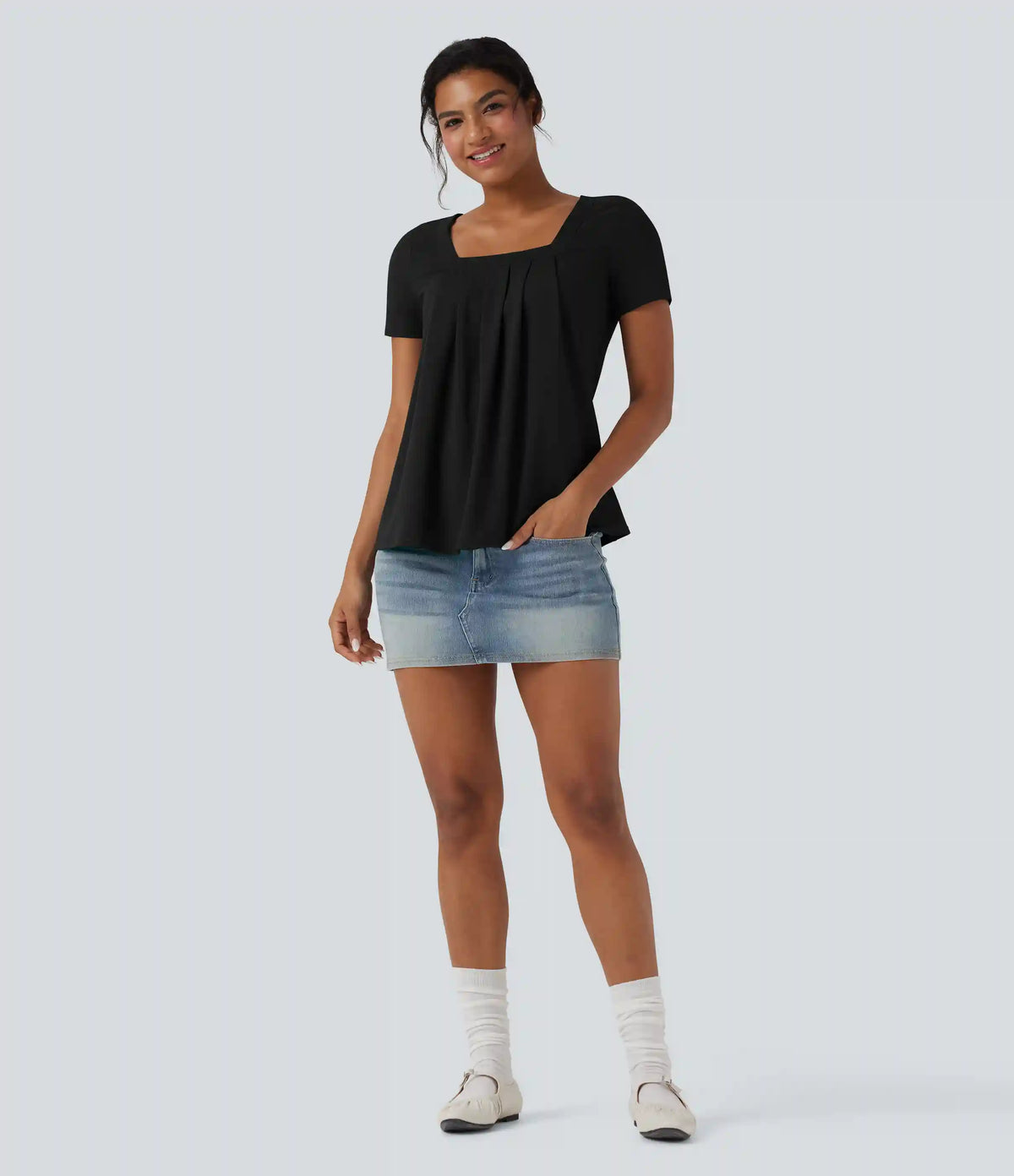 Square Neck Short Sleeve Casual Blouse