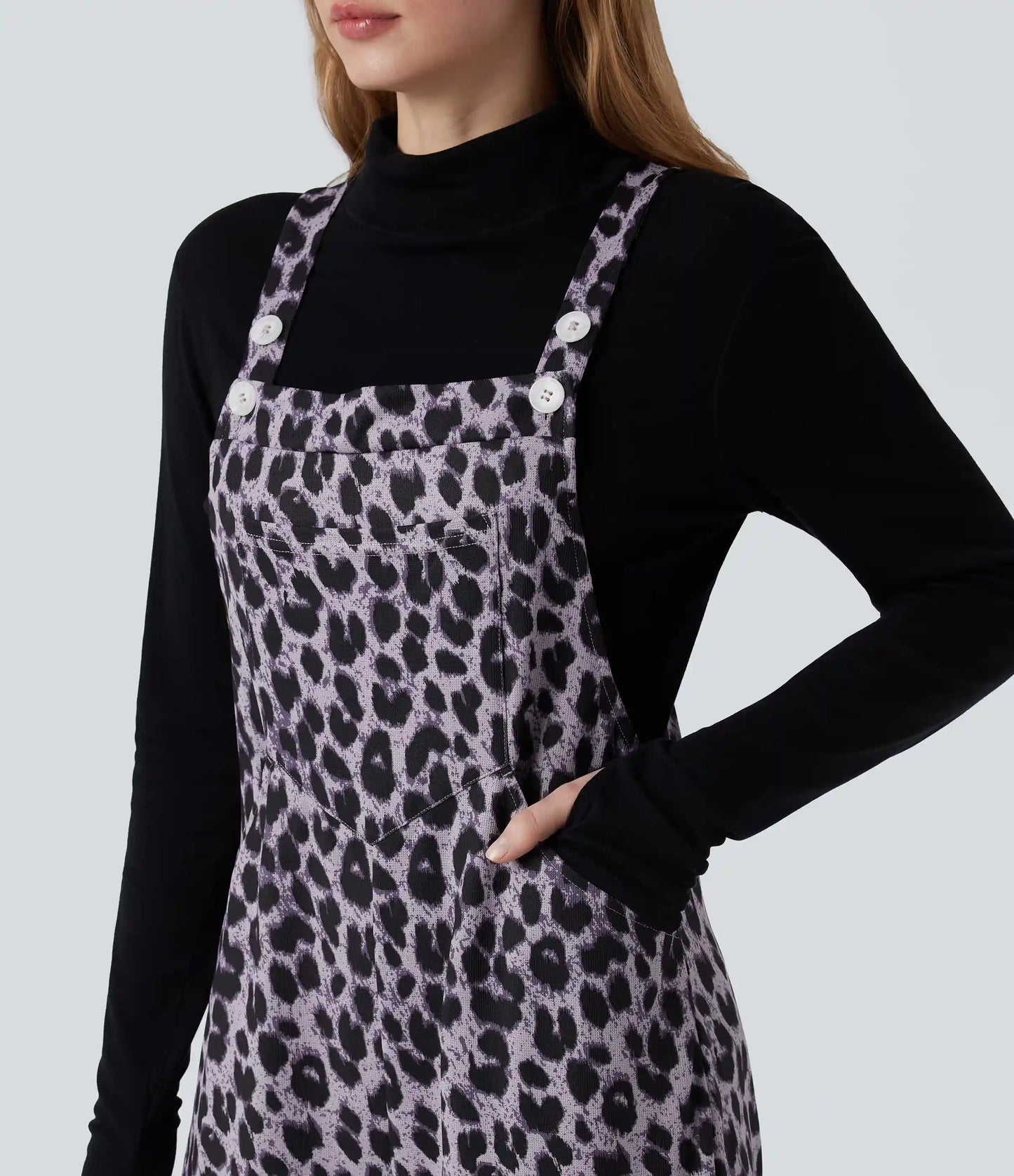 Leopard Print Waffle Casual Overalls with Pockets