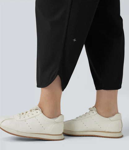 Plus Size Mid Rise Drawstring Curved Hem Quick Dry Golf Tapered Pants with Pockets-UPF40+