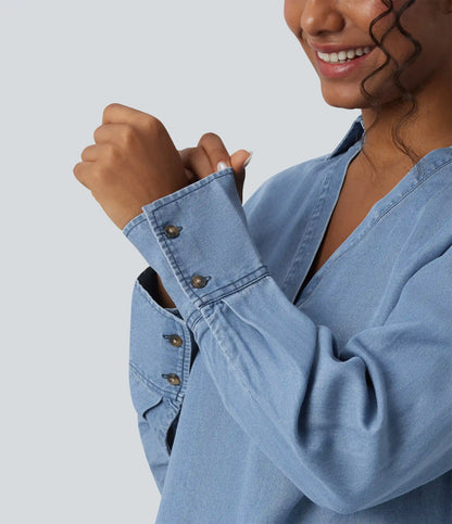 V Neck Long Sleeve Denim Casual Blouse