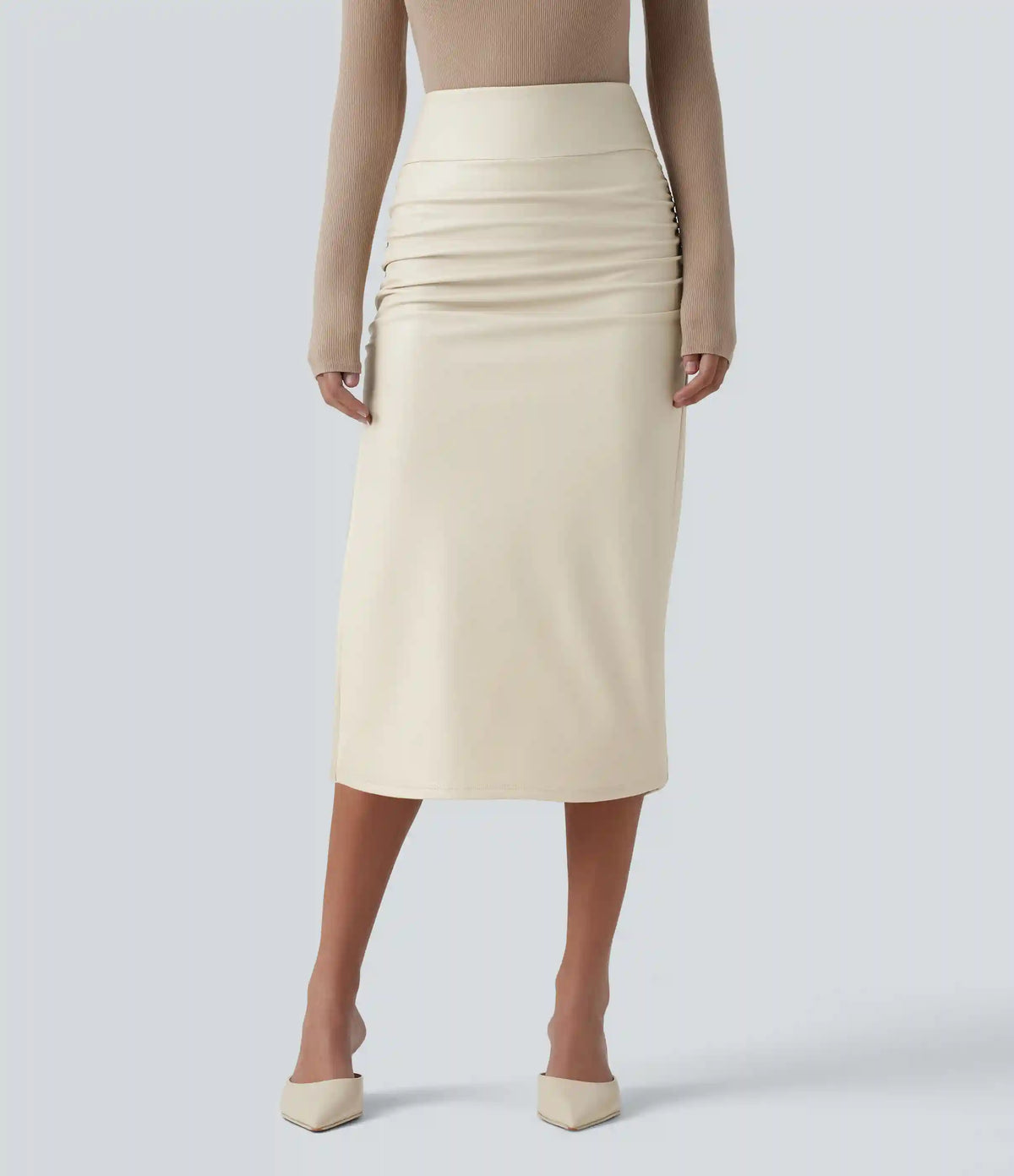 High Waisted Tummy Control Ruched Curved Hem 2-in-1 Fleece PU Midi Casual Skirt