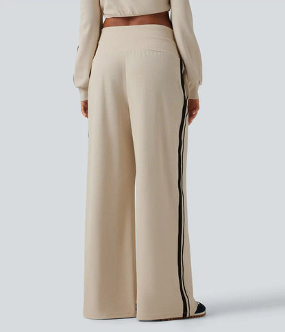 High Waisted Drawstring Wide Leg Side Stripe Waffle Casual Pants with Pockets