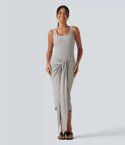 Ribbed Knit U Neck Sleeveless Heathered Bodycon Midi Casual Dress