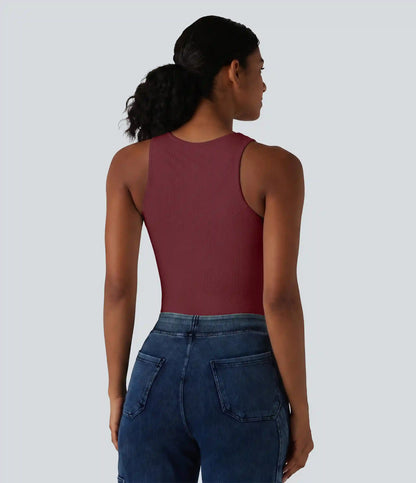 Ribbed Knit Round Neck Built-in Bra Casual Tank Top