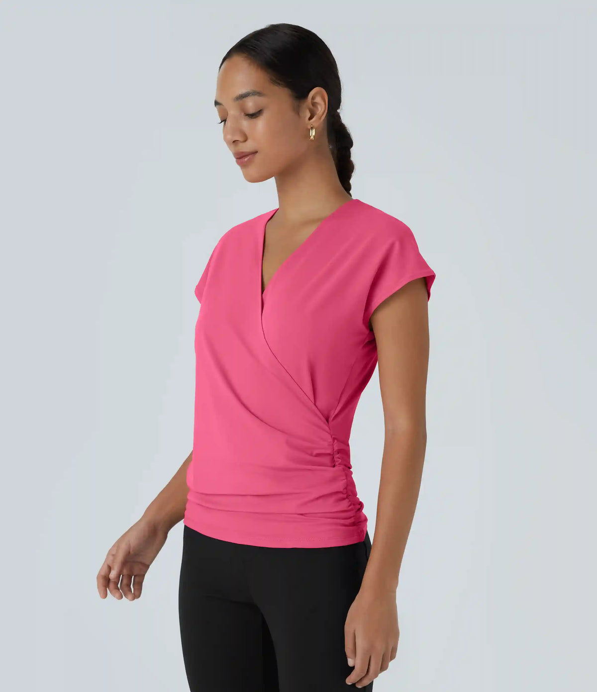 V Neck Cap Sleeve Crossover Ruched Solid Work Blouse