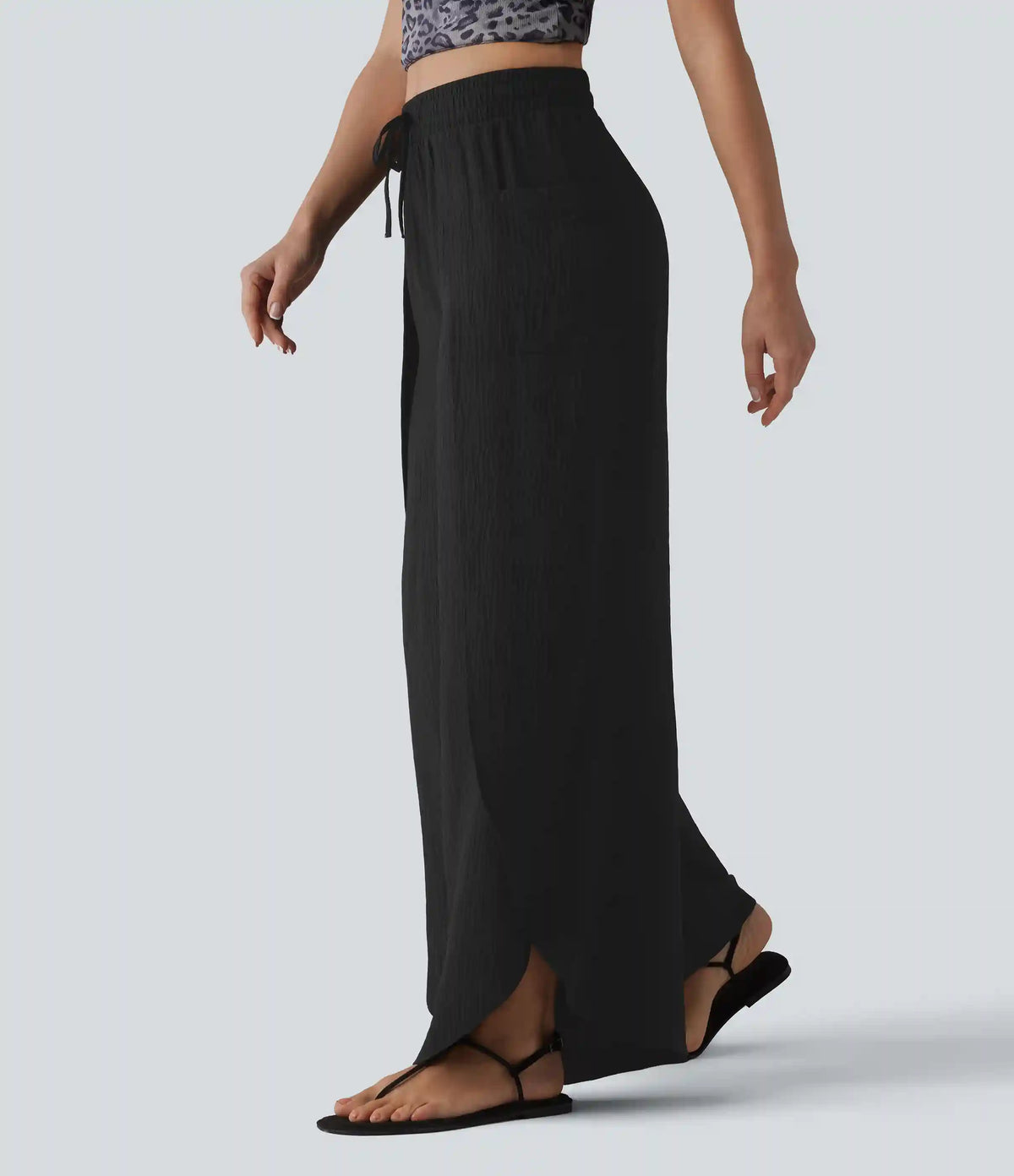 Mid Rise Drawstring Split Linen-Feel Casual Baggy Pants with Pockets