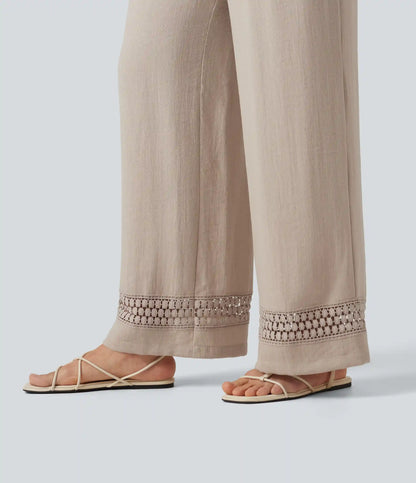 High Waisted Drawstring Casual Linen-Feel Pants with Pockets