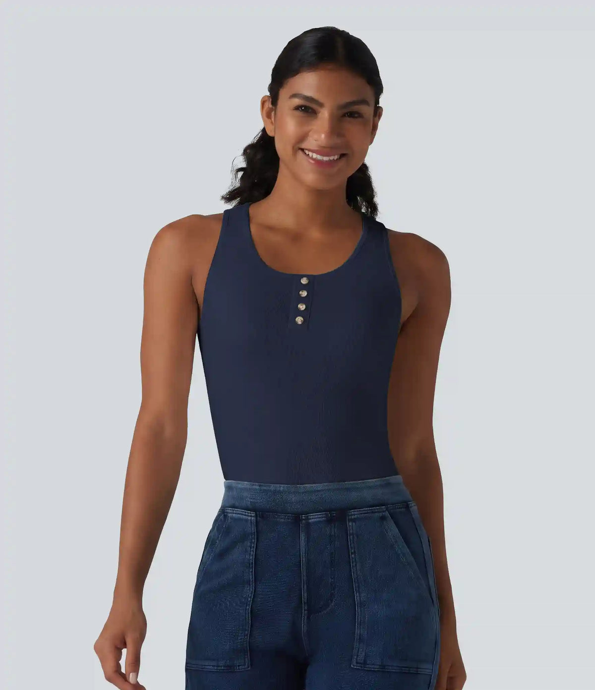 Ribbed Knit Round Neck Built-in Bra Casual Tank Top
