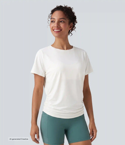 Round Neck Short Sleeve Ruched InstantCool Yoga Sports Top-Longer Length-UPF50+