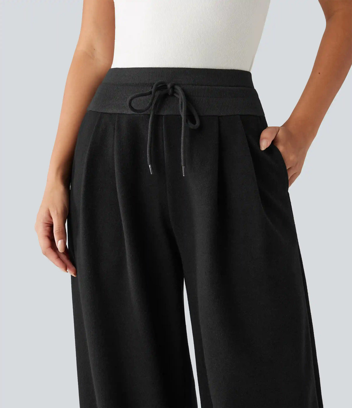 High Waisted Drawstring Wide Leg Casual Pants with Pockets