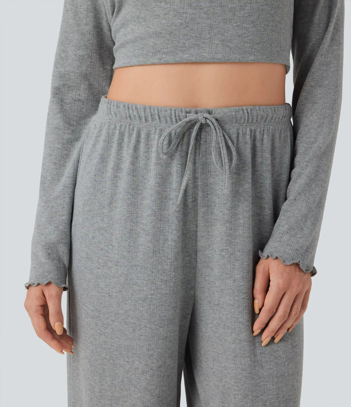 Ribbed Knit Pointelle High Waisted Drawstring Lettuce Trim Straight Leg Lounge Pants
