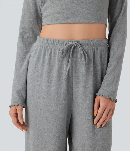 Ribbed Knit Pointelle High Waisted Drawstring Lettuce Trim Straight Leg Lounge Pants