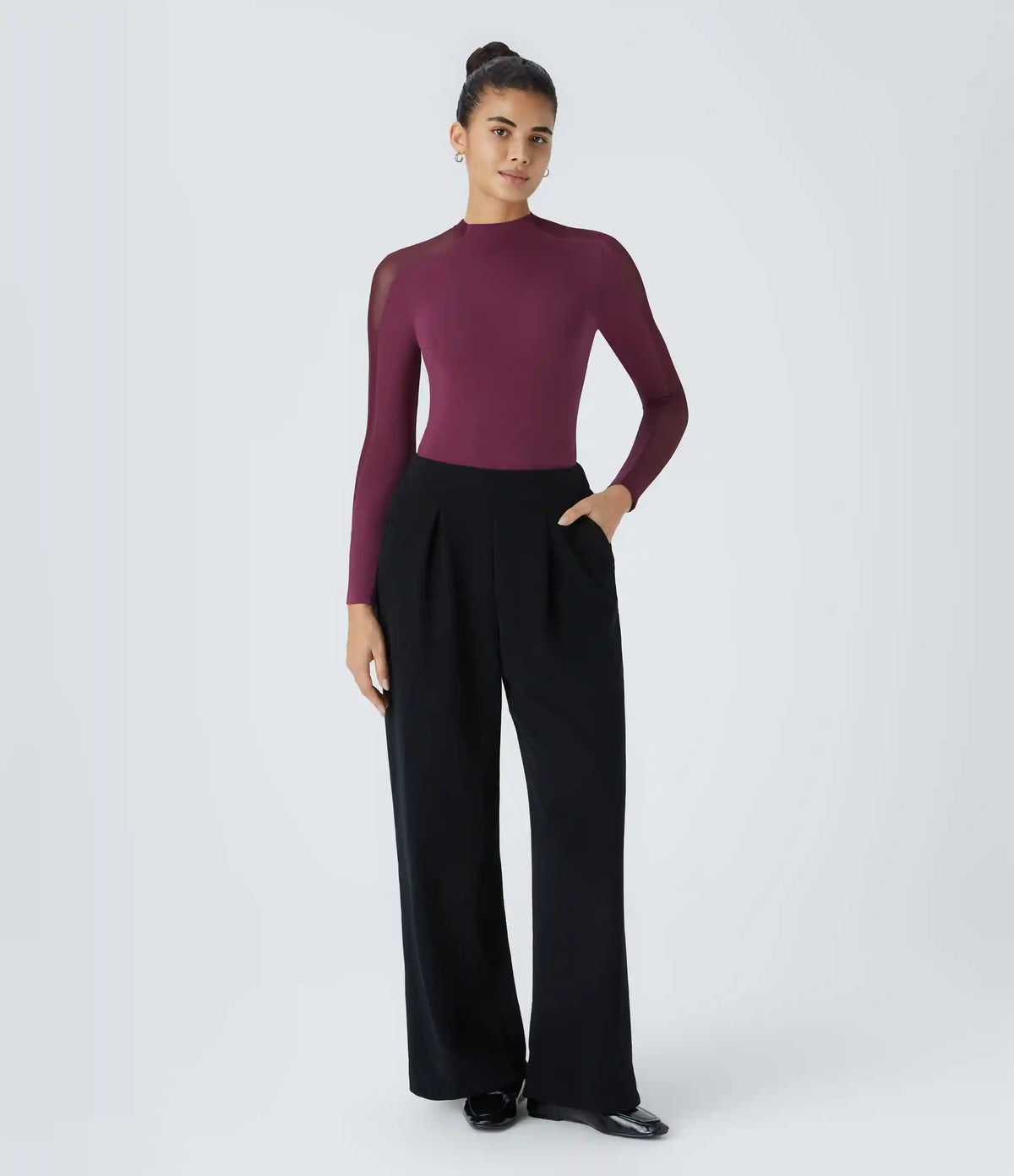 Stand Collar Raglan Long Sleeve Contrast Mesh Skinny Work Top