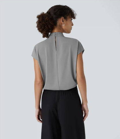 Stand Collar Back Cap Sleeve Work Blouse