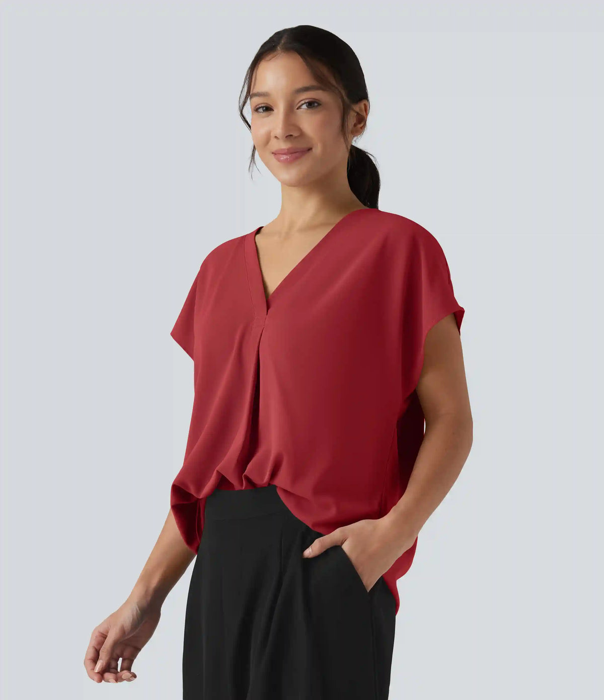 Wrinkle Recovery V-neck Short Sleeve Oversized Work Blouse