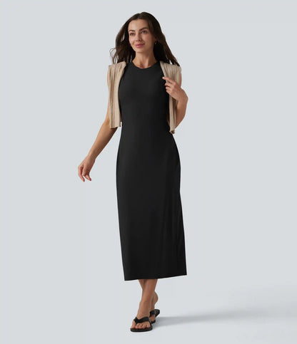 Ribbed Round Neck Sleeveless Built-in Bra Bodycon Midi Casual Dress