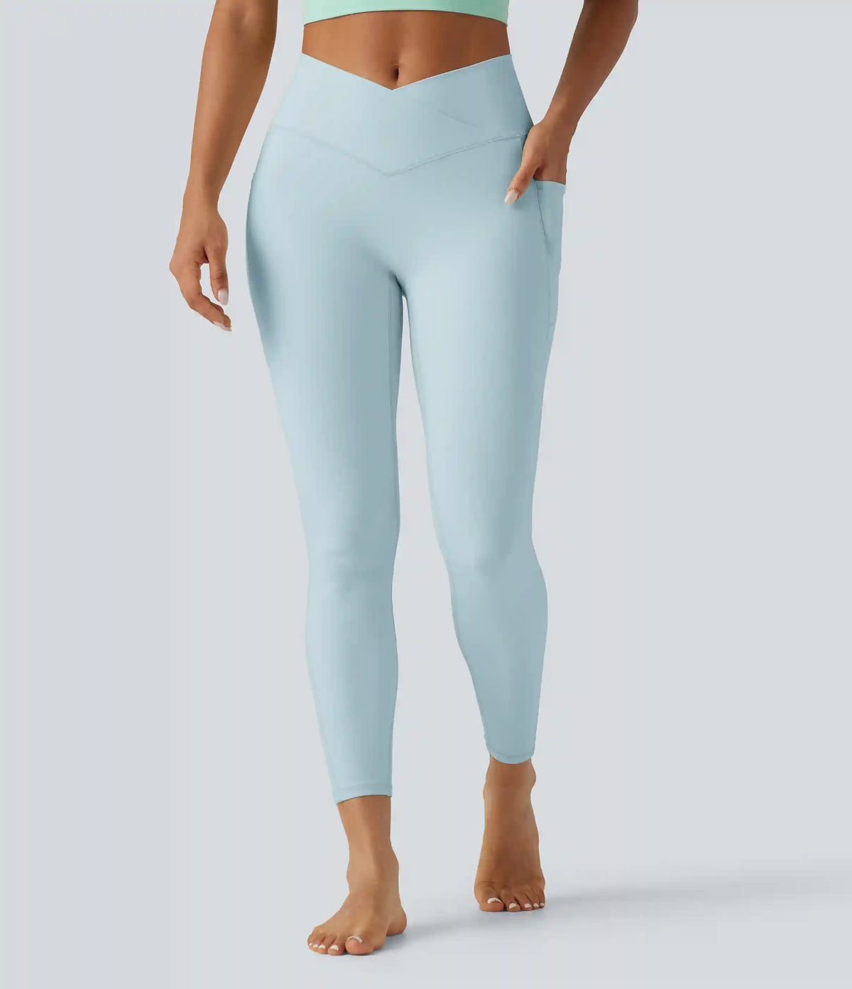 SoftlyZero™ High Waisted Crossover Plain Yoga Leggings with Pockets