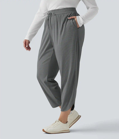 Plus Size Mid Rise Drawstring Curved Hem Quick Dry Golf Tapered Pants with Pockets-UPF40+
