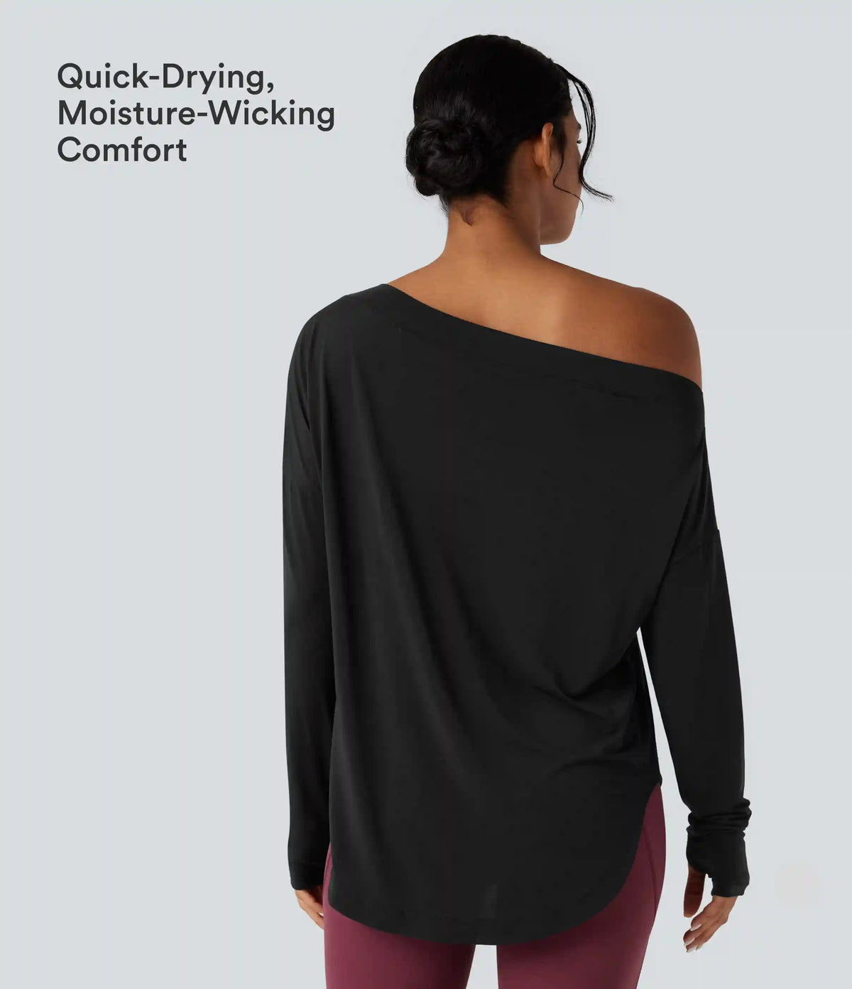 One Shoulder Long Sleeve Thumb Hole Curved Hem High Low Quick Dry Yoga Sports Top-Built-in Bra