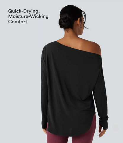 One Shoulder Long Sleeve Thumb Hole Curved Hem High Low Quick Dry Yoga Sports Top-Built-in Bra