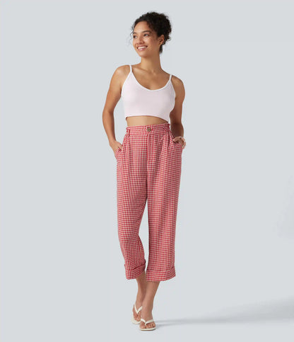 High Waisted Cropped Plaid Casual Linen-Feel Pants with Pockets